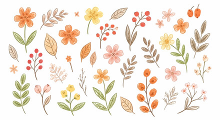 Flower spring vector garden cute element set. Hand drawn pastel flower, leaf, wildflower daisy cute elements with crayon chalk texture. Doodle garden floral plant kid background. Vector illustration