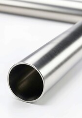 stack of metal pipes, Polished metal tube cylinder rod bar stock isolated on white background. Smooth, shiny, reflective surface. Industrial material for engineering, manufacturing, construction, hard