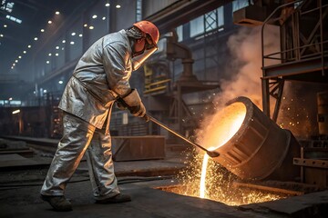 Fototapeta premium Man in a protective suit is pouring molten metal into a large container
