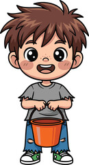 Cartoon happy boy with messy hair, holding orange bucket, wearing ripped jeans, gray shirt, cute child character illustration, Halloween theme
