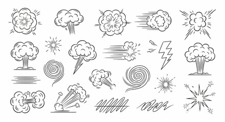 Line speed cartoon effect, boom explosive motion line element set. Comic boom burst, explosive smoke, line speed cartoon vector icon. Hand drawn sketch doodle action effect. Vector illustration © Avra