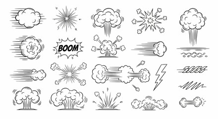Line speed cartoon effect, boom explosive motion line element set. Comic boom burst, explosive smoke, line speed cartoon vector icon. Hand drawn sketch doodle action effect. Vector illustration © Avra