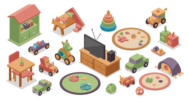 Isometric children's room with colorful toys and playful decor elements
