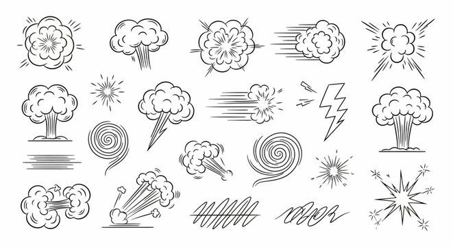 Line speed cartoon effect, boom explosive motion line element set. Comic boom burst, explosive smoke, line speed cartoon vector icon. Hand drawn sketch doodle action effect. Vector illustration
