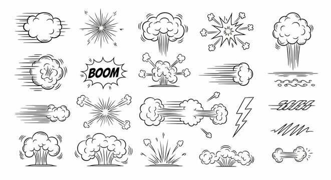 Line speed cartoon effect, boom explosive motion line element set. Comic boom burst, explosive smoke, line speed cartoon vector icon. Hand drawn sketch doodle action effect. Vector illustration