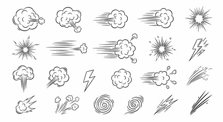 Line speed cartoon effect, boom explosive motion line element set. Comic boom burst, explosive smoke, line speed cartoon vector icon. Hand drawn sketch doodle action effect. Vector illustration © Avra