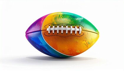 "Multicolored Abstract Football with White Laces on White Background – Vibrant Sports Equipment Featuring Swirling Yellow, Orange, Green, Blue, and Purple Design for Athletic Branding, Recreational Ge