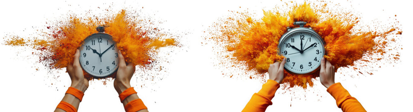 Two hands holding alarm clocks exploding with orange powder, isolated on transparent background