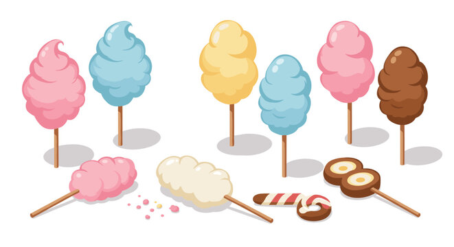 Colorful cotton candy treats in sweet isometric design on white background