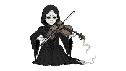 Ethereal Melancholy: A spectral figure cloaked in shadows, lost in a sorrowful melody as they play the violin, exuding an aura of haunting beauty.