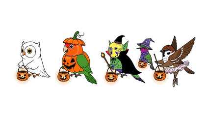 Halloween Birds: A charming scene of several cute and creative birds in costume, prepared for trick-or-treating during the festive Halloween season.