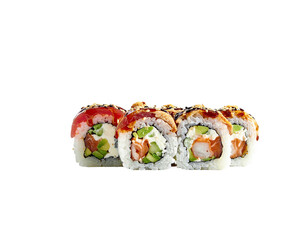Close-up of sushi rolls with fish, rice, avocado, and various toppings, isolated