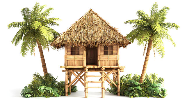 Authentic Philippine Bahay Kubo crafted from bamboo and timber, elevated structure with thatched grass roof and green tropical plants around, minimalist white studio backdrop