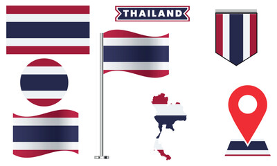 Thailand Flag Vector Set Waving Flag, Map, Icon, and Badge Designs