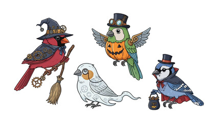Halloween Steampunk Birds: A whimsical gathering of charming bird illustrations, each adorned with intricate steampunk-inspired attire and celebrating the Halloween spirit. The scene evokes delight.