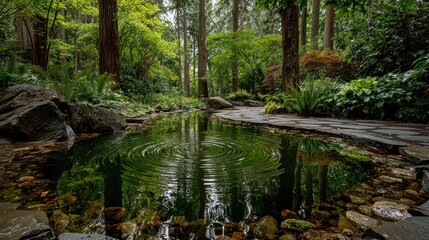 Peaceful forest pond reflecting lush green trees and vibrant foliage, bordered by a tranquil stone path in a serene natural landscape.