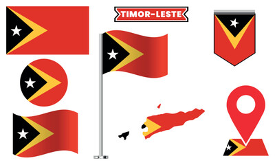 Timor-Leste Flag Vector Set  Waving Flag, Map, Icon, and Badge Designs