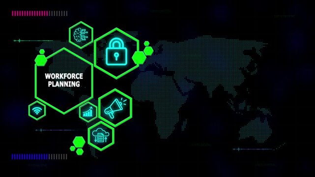 Digital workforce planning  conceptual illustration showcasing global business strategy, collaboration, and innovative ideas with modern abstract graphics and international connectivity elements.