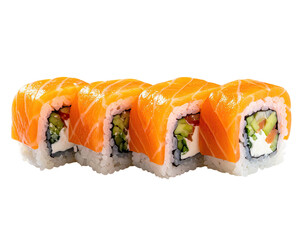 Close-up of a row of sushi rolls with salmon, rice, cucumber, and cream cheese