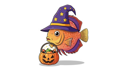 Halloween Fishy: A whimsical illustration of a charming fish adorned in a festive wizard hat, holding a pumpkin treat basket.