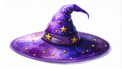 "Purple Wizard Hat with Golden Stars and Galaxy Pattern – Whimsical Costume Accessory Featuring Wide Brim and Bent Pointed Tip for Fantasy Themes, Magical Characters, and Halloween Dress-Up Concepts o
