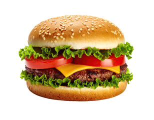 A juicy hamburger with sesame seed bun, cheese, tomato, lettuce, and a beef patty