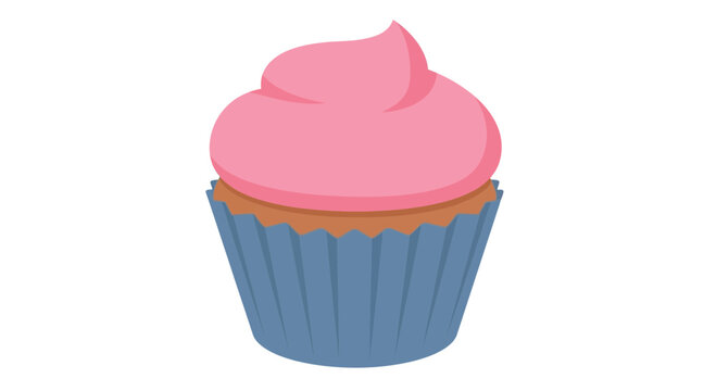 A single cupcake with pink frosting in a blue wrapper.