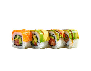 Close-up of vibrant sushi rolls, featuring salmon, avocado, and sauces