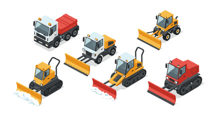 Isometric construction equipment set trucks, bulldozers, and snowplows