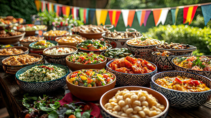 Festive buffet table filled with international cuisine in bowls, colorful national flags in background, outdoor celebration spread perfect for family gatherings, catering events, and parties.