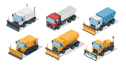Isometric snow removal trucks collection with plows in various colors and designs