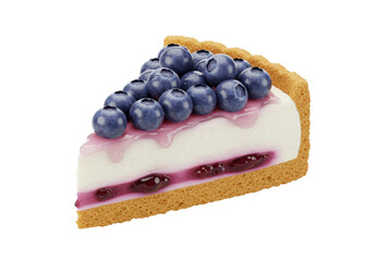 Isolated wedge of blueberry cheesecake with crust, berries, and glazed topping layer