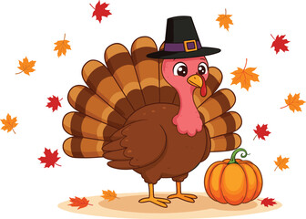 Cartoon thanksgiving turkey with pilgrim hat, autumn leaves background, harvest pumpkin illustration, festive fall season holiday celebration cute bird