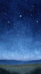 Captivating Night Landscape with Twinkling Stars Over Tranquil Waters and Soft Grass at Dusk, Inviting Serenity and Reflection Under a Mystical Sky
