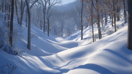 Obraz premium Serene winter forest landscape with snow-covered trees and undisturbed snow drifts in a peaceful frosty woodland scene