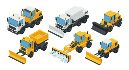 Isometric snow plow trucks and equipment collection for winter maintenance art