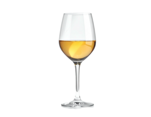 A stemmed wine glass, partially filled with golden liquid, against a black background