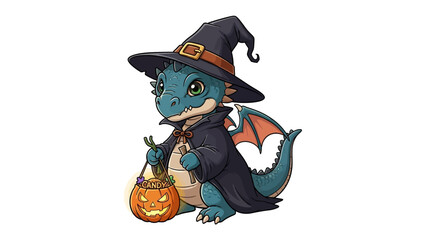 Enchanting Halloween Dragon: A charming blue dragon, adorned in a witch's hat and cloak, clutches a carved pumpkin treat basket.