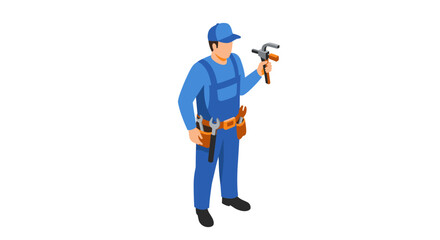 Isometric plumber holding a wrench in blue uniform with tool belt
