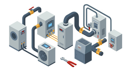 Isometric hvac system components with heating, cooling, and ventilation equipment