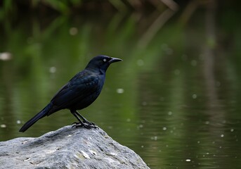 Fototapeta premium Common Grackle with Striking Eye Perched on Rock by Water. Generative Ai
