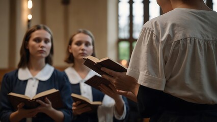 Congregation singing hymn in church Group of people singing and reading hymn book inside a church.