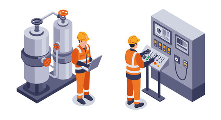 Isometric industrial engineers operate control systems in safety gear