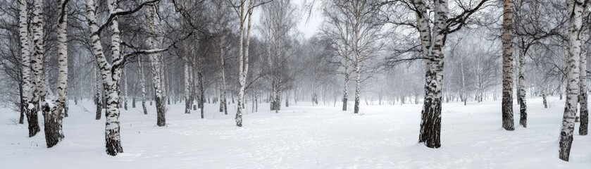Serene snowy forest landscape with tall birch trees covered in snow and foggy winter sky creating a peaceful outdoor scene