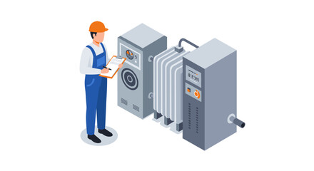 Technician inspecting industrial equipment isometric design