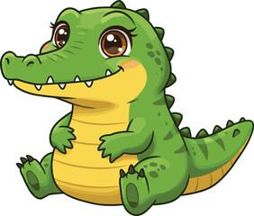 Fototapeta premium Cute cartoon crocodile illustration with big brown eyes, adorable baby alligator character, funny green reptile drawing, happy wild animal design