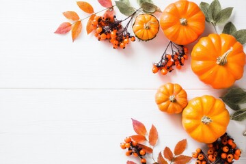 Fototapeta premium Autumn Decoration with Pumpkins, Berries, and Leaves