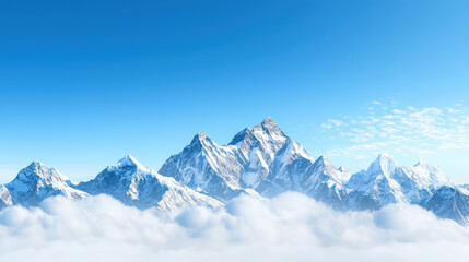 Obraz premium Majestic snowcapped mountains rise above fluffy clouds under clear blue sky, creating breathtaking and serene landscape