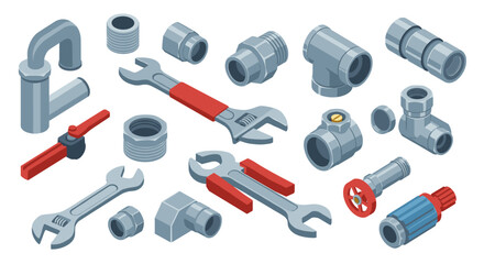 Isometric plumbing tools and fittings set for plumbing and repair projects