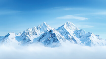 Obraz premium Majestic snowcapped mountains rise above sea of clouds, creating breathtaking landscape under clear blue sky